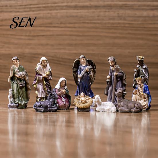 Statue del Presepe 11 Pezzi Set Natalizio, Mini Decorazione da Tavolo in Resina, Statua Sacra Famiglia Angeli Pastori Animali Statuette, Religioso Interno Casa