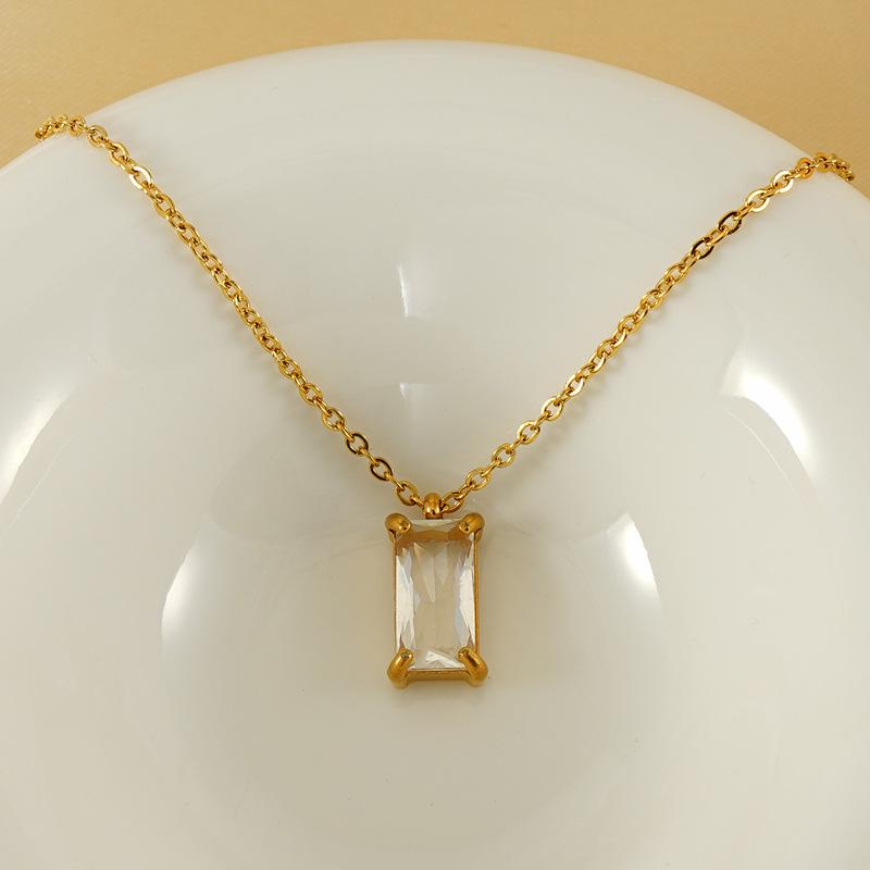 18K Stainless Steel Zircon Pendant Necklace - Women's Minimalist Geometric Square Clavicle Chain
