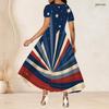Women Plus Size Beige Round Neck Short Sleeve Printed Gathered Waist A Line Long Dress