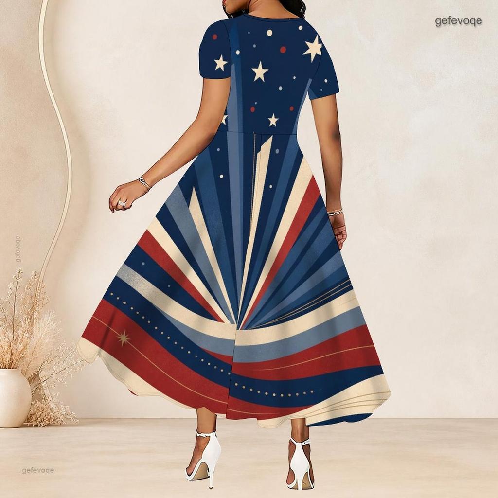 Women Plus Size Beige Round Neck Short Sleeve Printed Gathered Waist A Line Long Dress