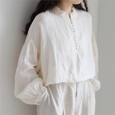 Japonský volánkový límec košile s dlouhým rukávem Dámské Vintage Ležérní Jednobarevné Volné plátěné košile Podzim