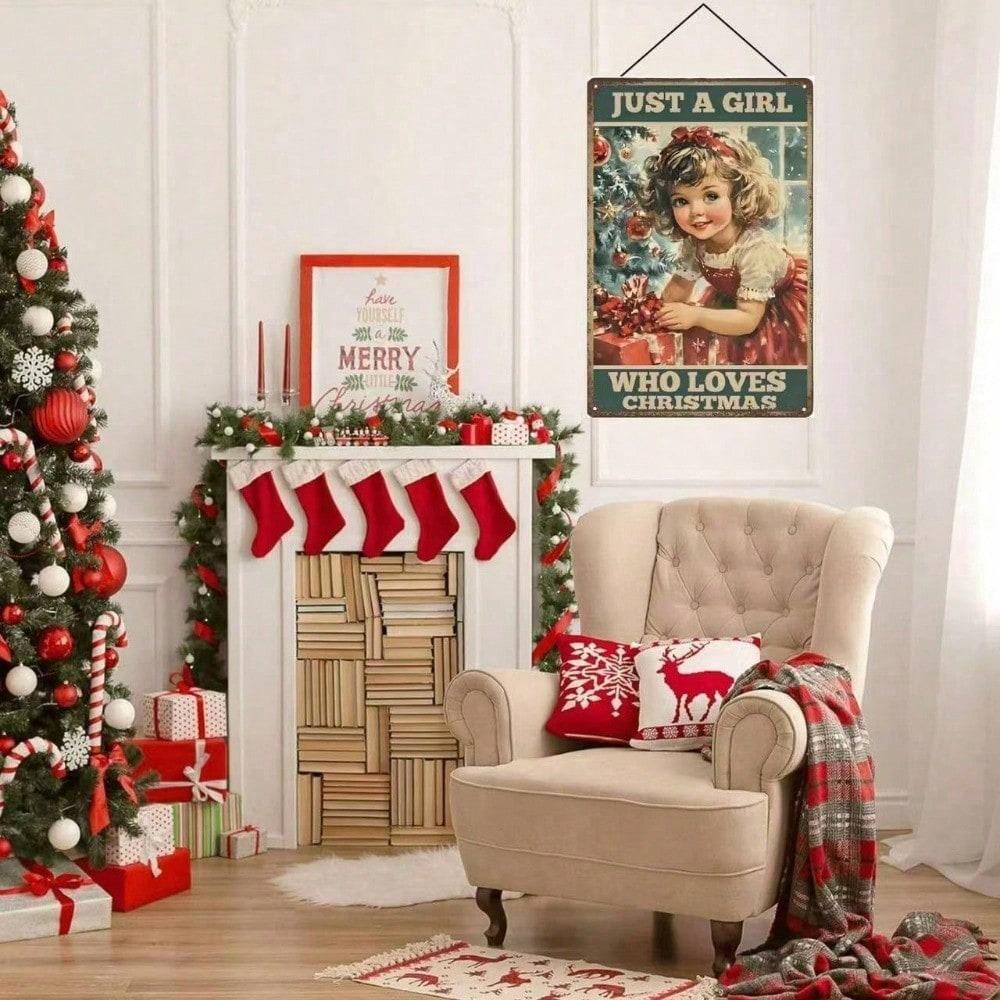 Vintage Christmas Tin Sign Girl Loves Christmas Wall Decor Metal Art 8x12 Inch Gift