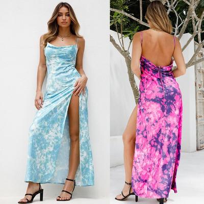 Yazlık Retro Tie Dye Baskılı Seksi Sırtı Açık Elbiseler Kadın Kolsuz Moda Yüksek Bel Yırtmaçlı Askılı Elbise Kadın Zarif Parti Akşam Elbiseleri 26279