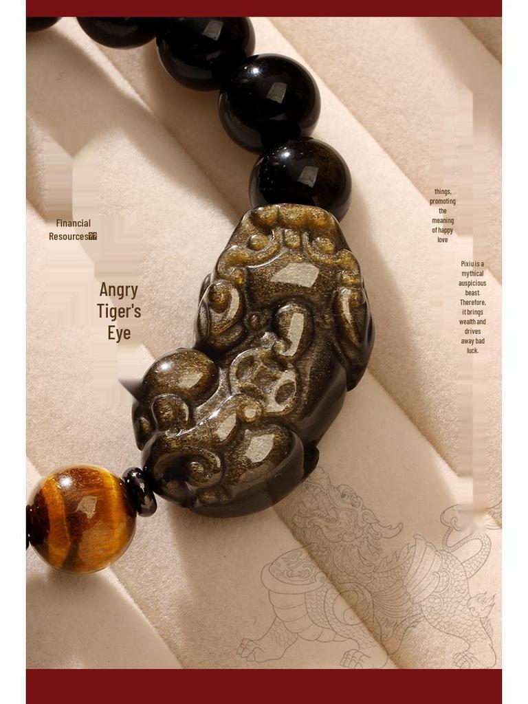 Pi Xiu Gold Obsidian & Tiger's Eye Bracelet with Heart Sutra - Year of the Snake Lucky Charm for Gifts