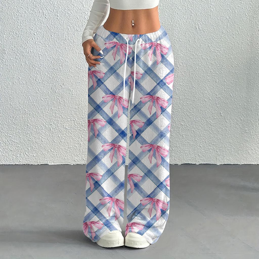 Women's Casual Fashion Printed Elastic Waist Loose Straight Leg Pants With Rope