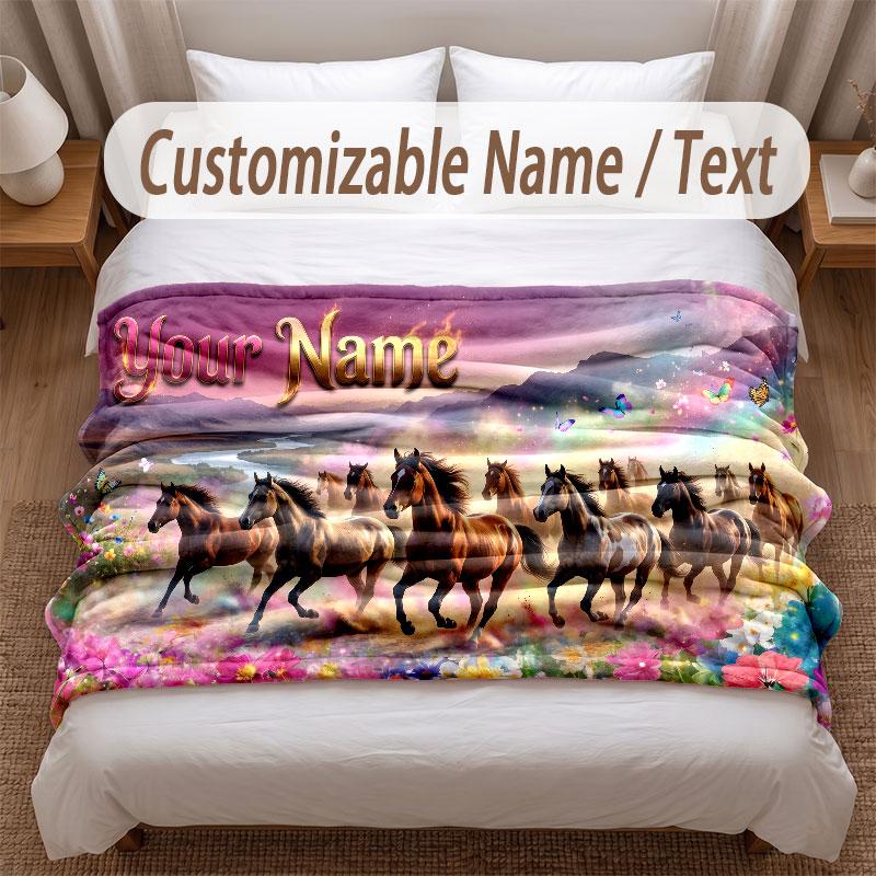 Horse Theme Soft Blanket Personalized Custom Name Text Print Warm Blanket Home Sofa Bedroom Decor