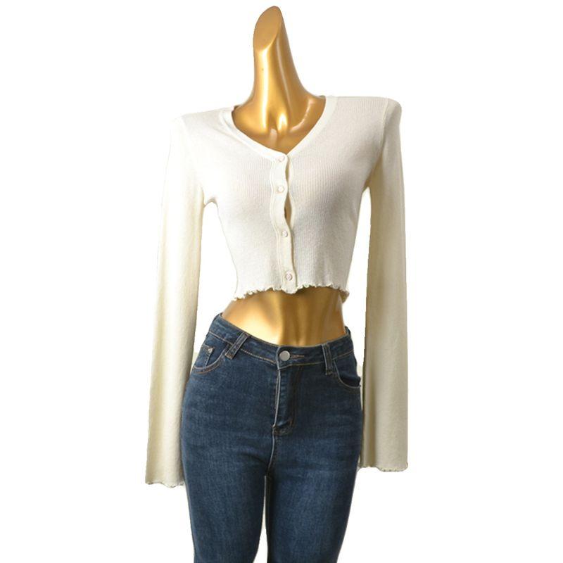 UJIA Wooden Ear Spring Color Matching Long Sleeves Thin Knitwear High Waist Cropped Cardigan