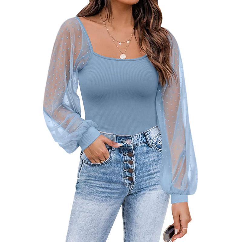 

Женская летняя тонкая футболка с прозрачным фонарем и длинными рукавами, милый топ на бретелях, повседневная блузка с квадратным воротником XXL