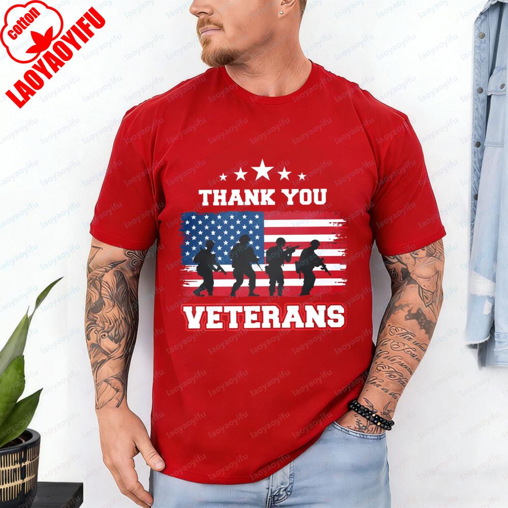 Thank You Veterans Tops America Flag Soldier Silhouette Patriotic Casual Cotton Tee Trend Retro Independence Day T Shirt for Men