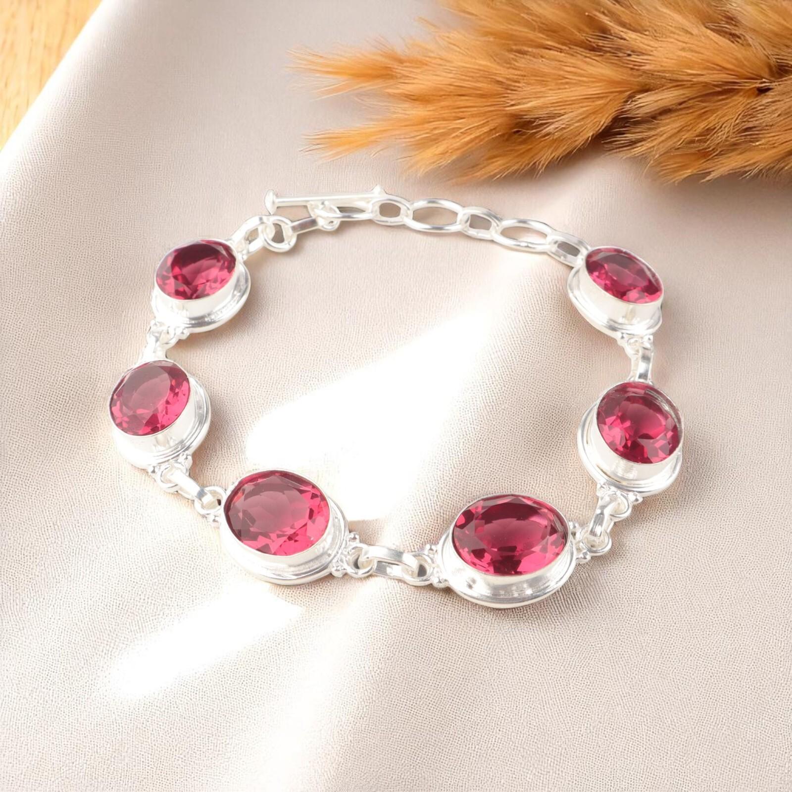

Pink Tourmaline Gemstone 925 Sterling Silver Jewelry Handmade Boho Bracelet8.5 RB-3-3