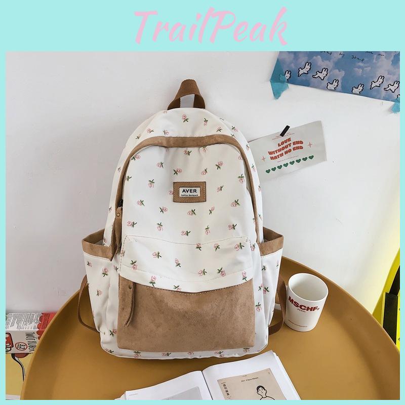 Color Fashionable Blocked Flower Pattern Letter Decor Student Backpack Casual