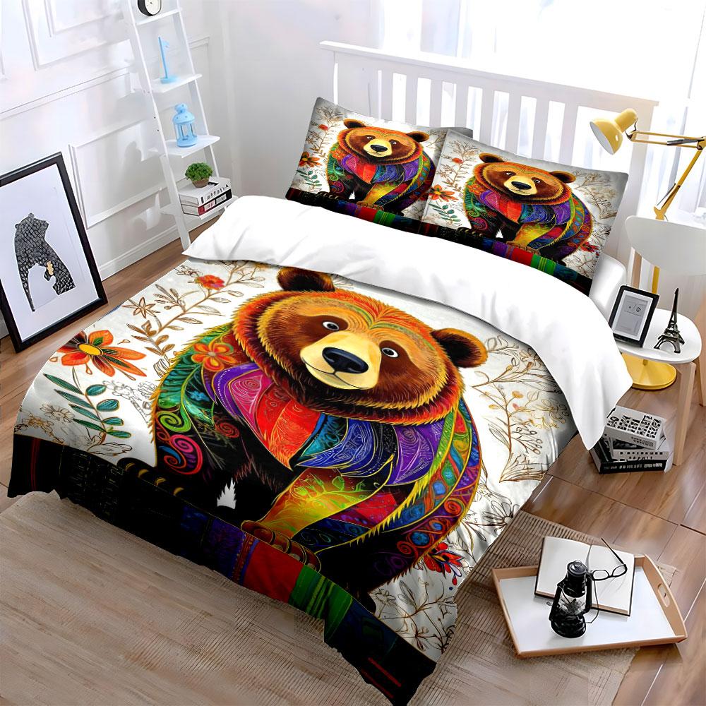Colorful Bear and Flowers. Bedding Sets Duvet Cover Sets Duvet Covers Pillowcases(1* Duvet Cover 2* Pillowcases Without Duvet Insert)