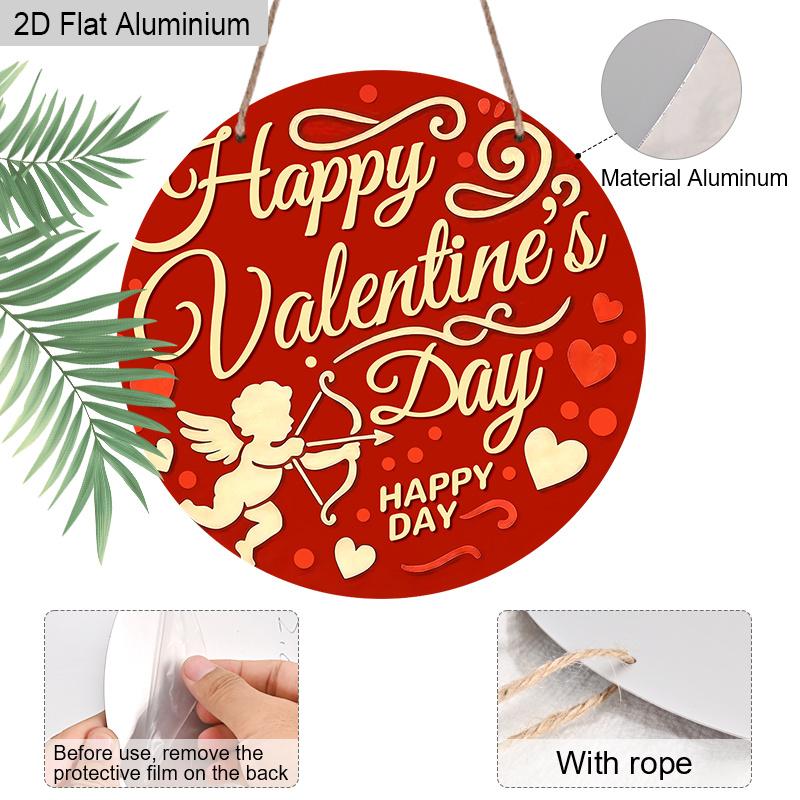 2D Flat 1pc Valentine's Day Round Aluminum Hanging Decoration Plaque, "Happy Valentine's Lettering Sign, Porch Decor, Living Room Decor and Wedding