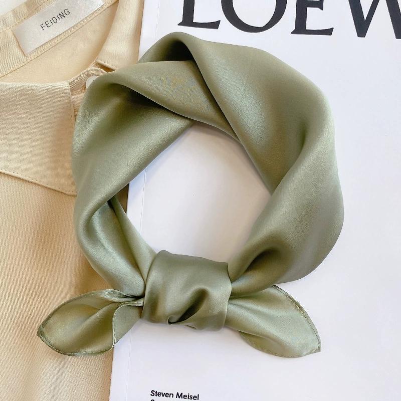 53CM Square 100% Mulberry Silk Scarf Solid Color Roll Edge Small Head Neck Hijab Women Decoration Kerchief Silk Bandana Scarves