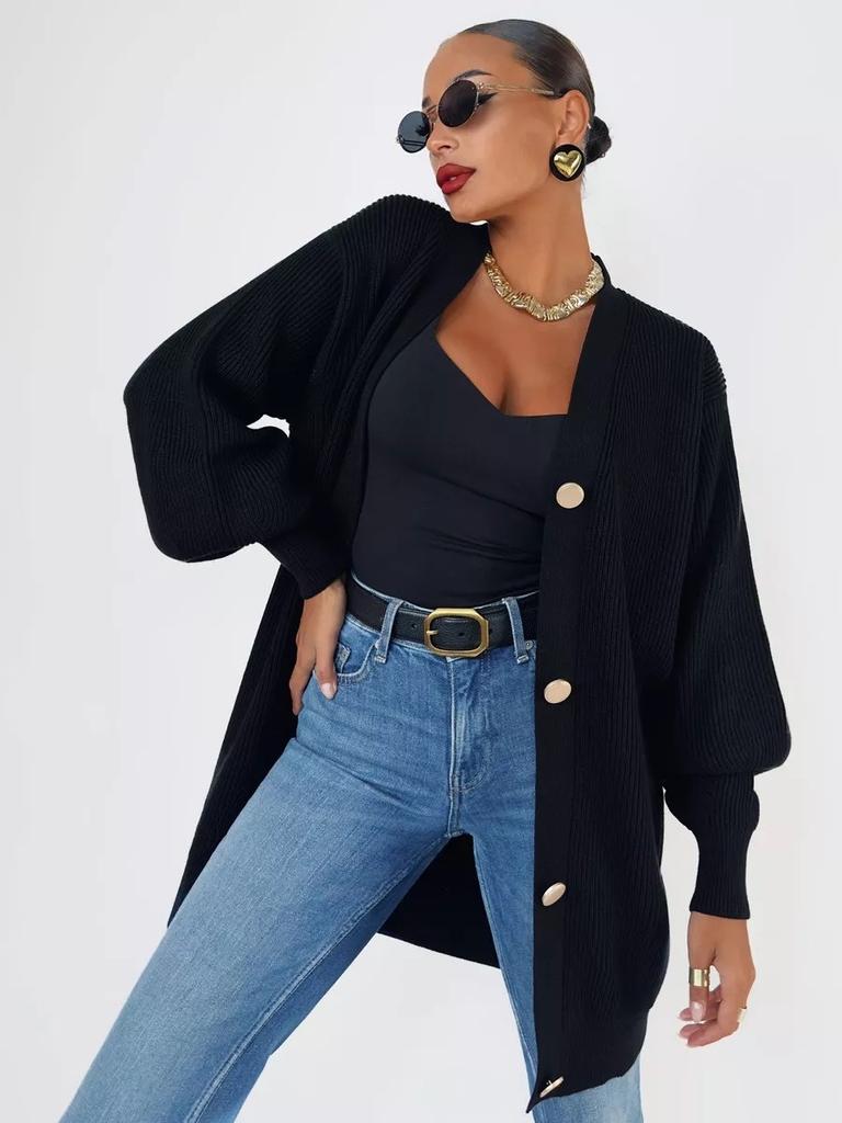 Medium-length Knit Sweater Jacket Female Solid Color Casual Wild Loose V-neck Early Fall Knitted Cardigan Female