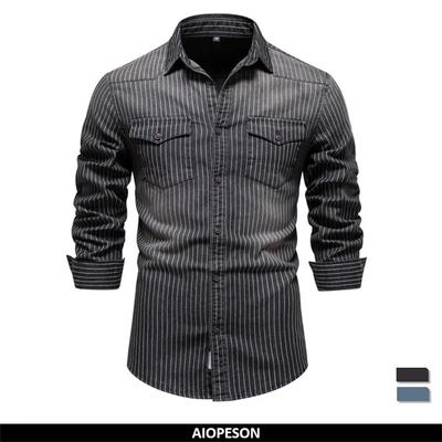 AIOPESON Striped Stretch Men's Denim Shirts Long-sleeved High Quality Male Jeans Shirt Autumn Casual Slim Cotton Shirt for Men