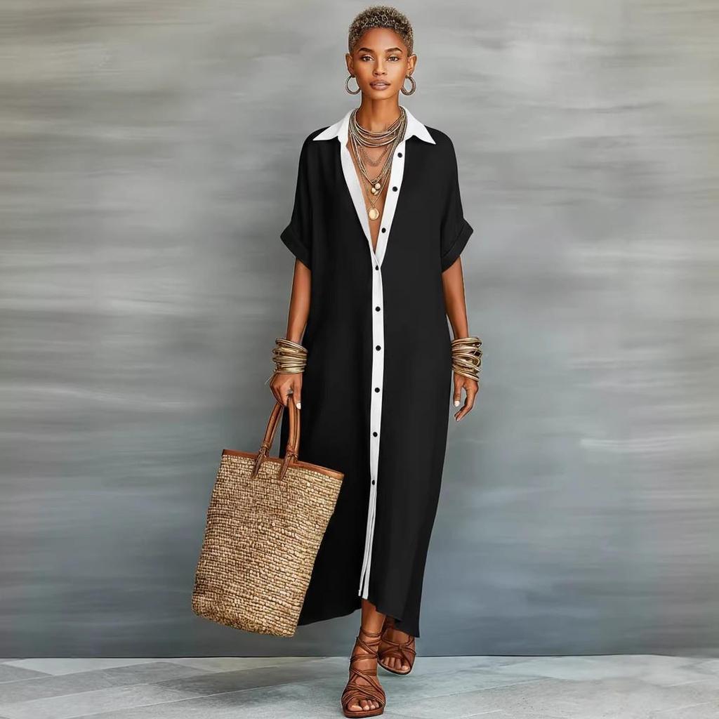 Women's Color Block Loose Cotton Linen Shirt Dress - European & American Fashion 2026