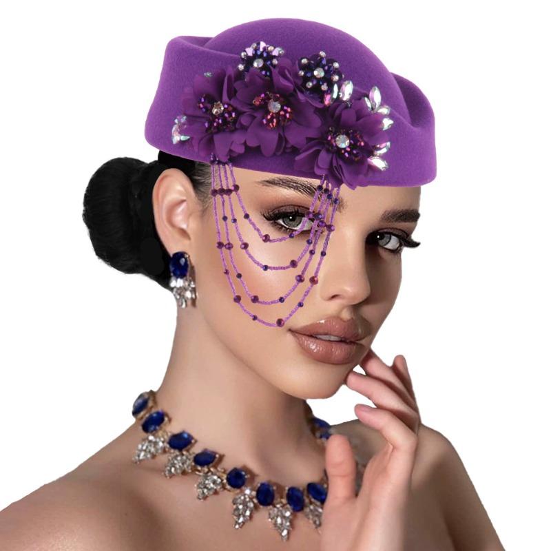 European American Retro British Felt Turban Hat Women's Church Derby Rhinestone Tassel Beret Hat