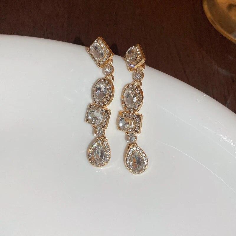 Shiny Colorful Rhinestone Long Tassel Earrings Women Fashion Geometric Square Drop Dangle Earrings Party Wedding Jewelry Gift K0