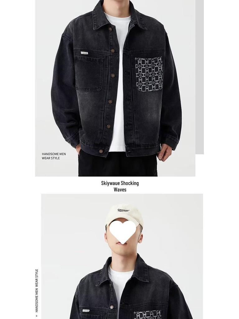 Men's Autumn Patchwork Denim Jacket: Precision Embroidery, Loose Fit, Plus Size Workwear Design.