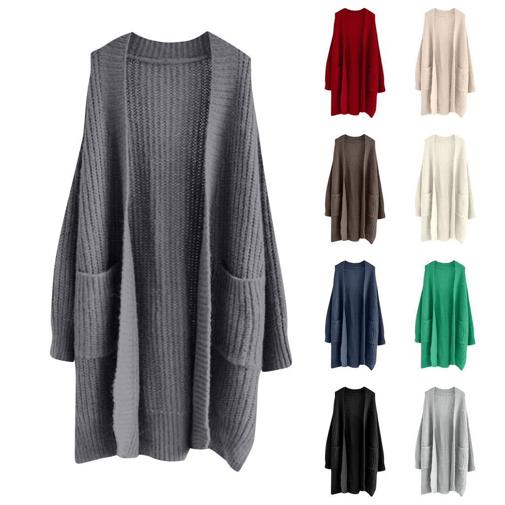 Women's Solid Color Long Sleeved Knee Length Knitted Cardigan, Lazy Trend, Medium Long Hair Jacket