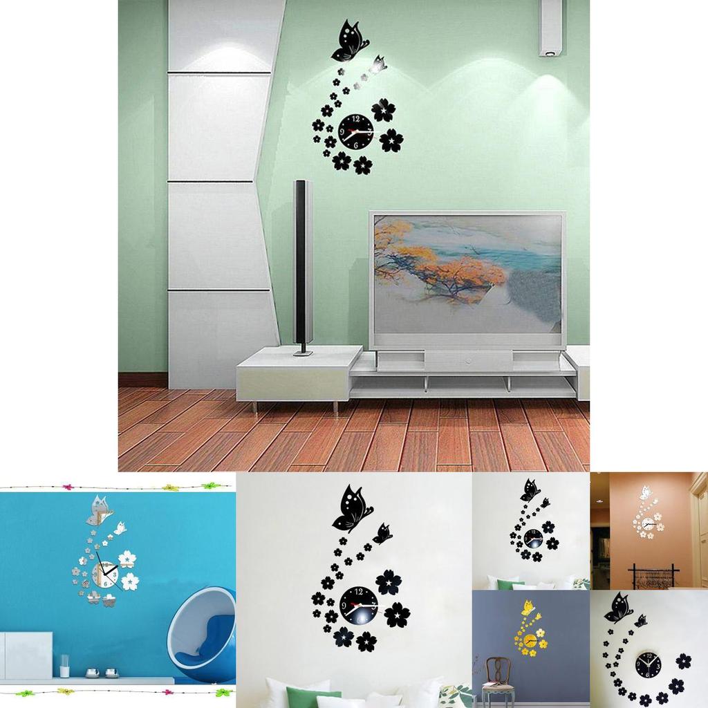 Eleganter 3D Spiegel Schmetterling Blume Uhr Wandaufkleber Wandtattoo Für Heimdekoration