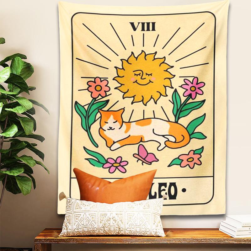 The Leo Tarot Tapestry Wall Hanging Wall Hanging Cute Cat Sun And Moon Psychedelic Constellation Witchcraft Hippie Home Decor