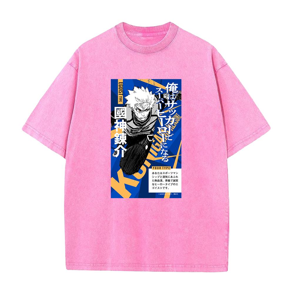 Anime Blue Lock Rensuke Kunigami Cool Graphic Washed Tshirt Men Manga T-shirts Casual Tee Harajuku Male Cotton Vintage T Shirt