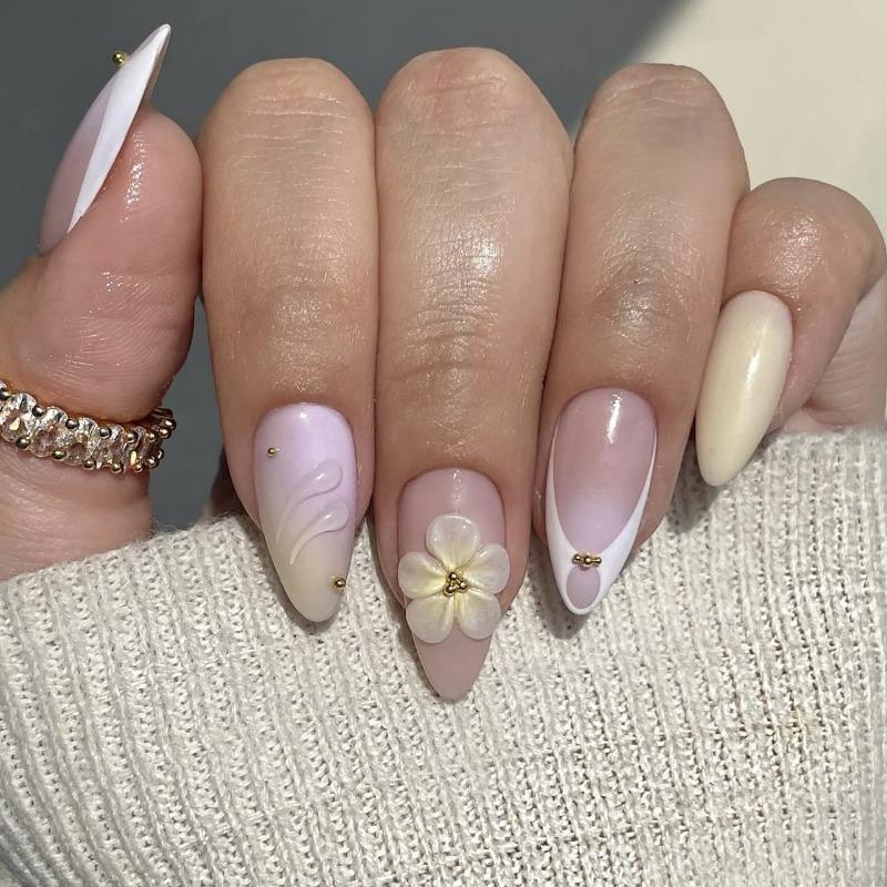 24PCS Summer Almond False Nail 3D Flower Shell Fresh Design Fake Nail Full Cover Acrylic Wearable French Nail Tips Art Beauty