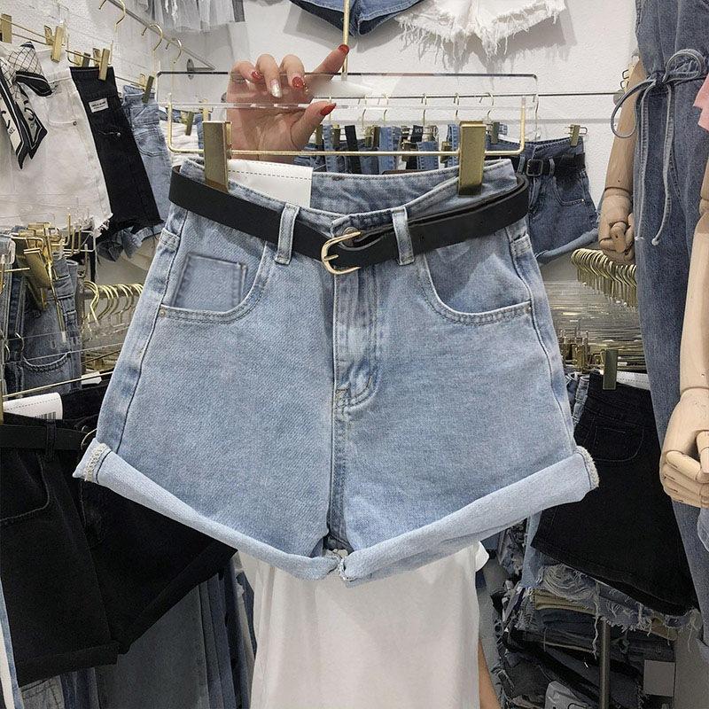 Pantaloni scurți din denim cu model clasic și minimalist, versatil, pentru femei, talie înaltă, vară, secțiune subțire, largi, cu picior larg, margine rulată, un cuvânt, individualitate