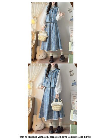 Ensemble jupe et gilet en jean bleu pour femme Printemps/Automne 2026 - Design trois pièces
