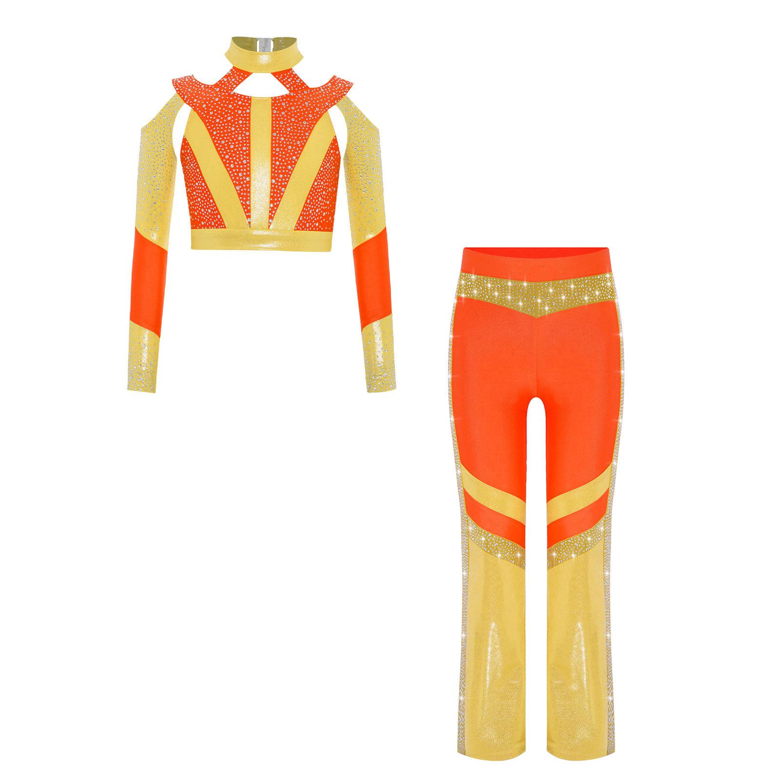 

Girls Gymnastics Costume Long Sleeve Shiny Top Rhinestone Color Block Cross Back Flared Pants