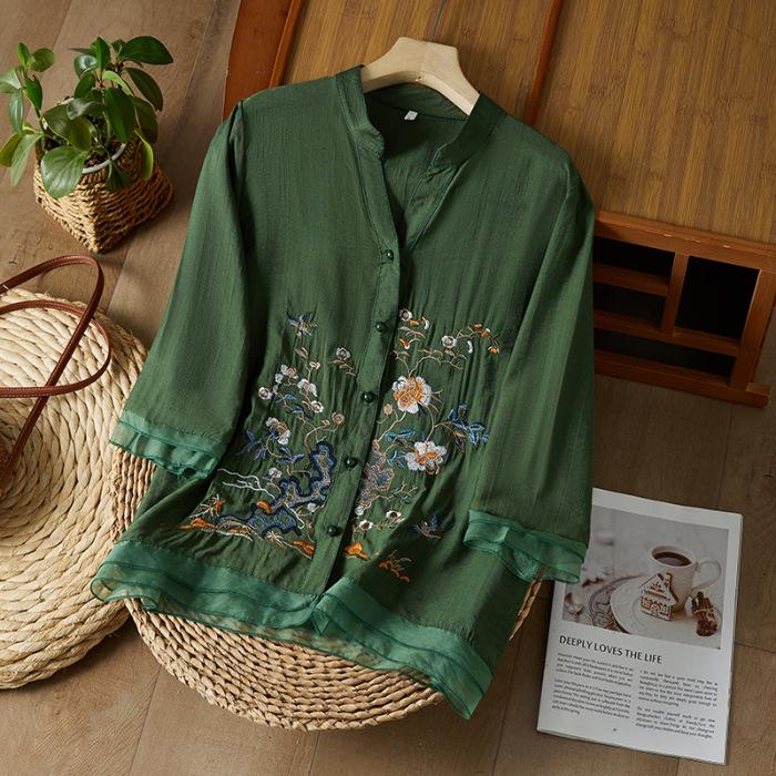2023 Summer High-End Cotton Linen Frog Button Embroidered Blouse