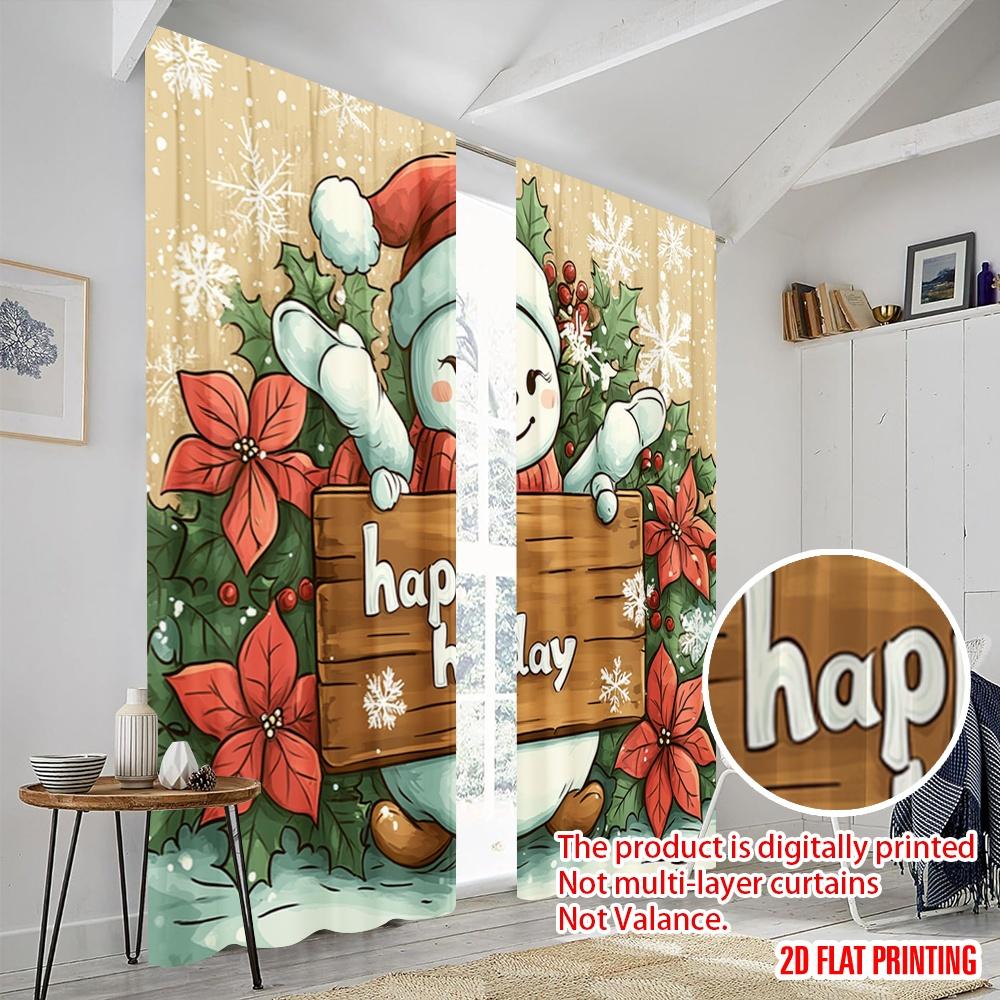 2pcs,2D plane printing Light Filtering Curtains Cute Snowman Happy Holidays Sign (3) 100% Polyester (without rod) All Seasons