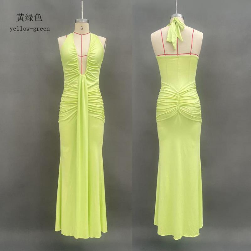 New solid color elegant neck deep waist long dress sexy backless streamer fishtail dress