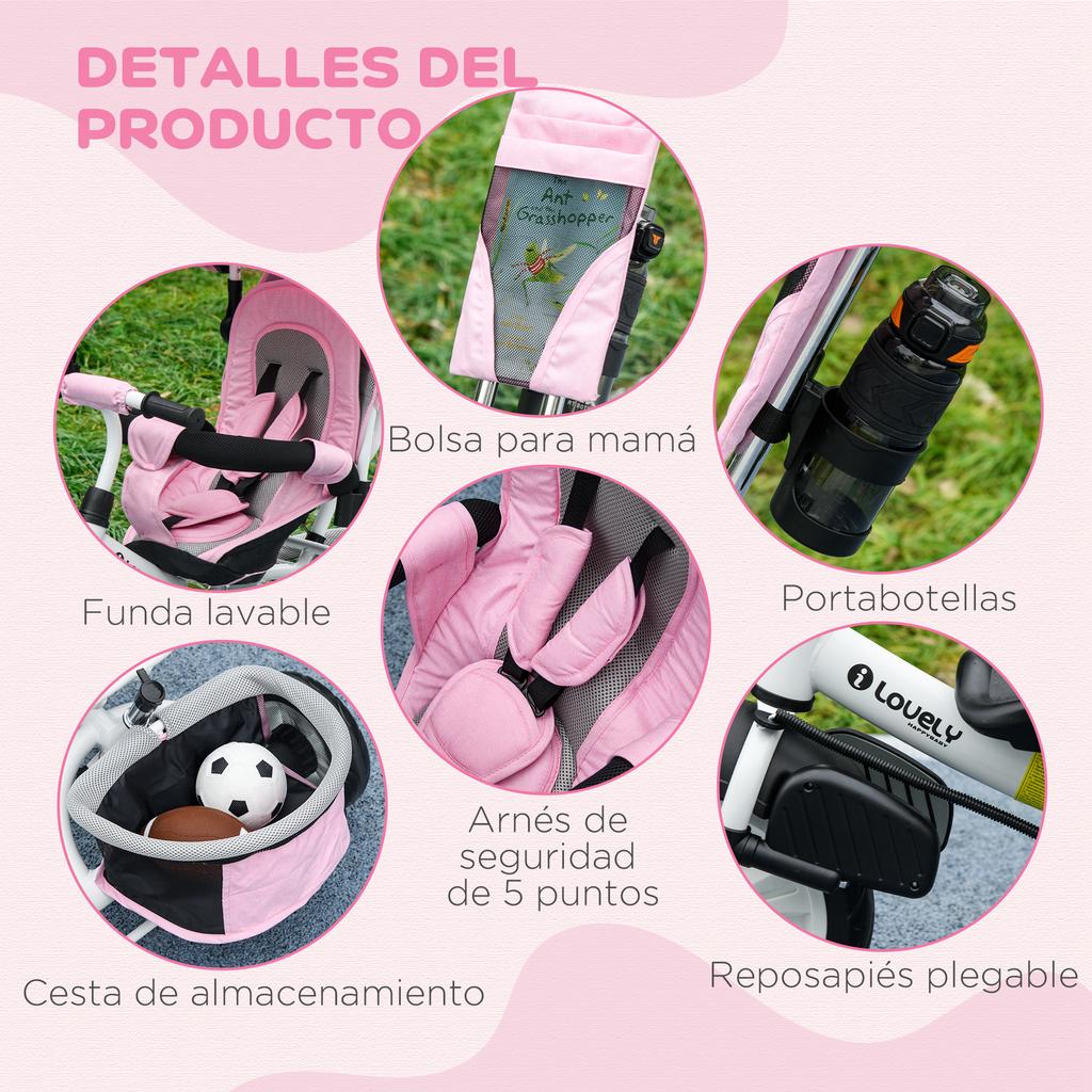 Baby Tricycle, 12+ Months, Telescopic Push Handle, Mom Bag, Bottle Holder, Pink