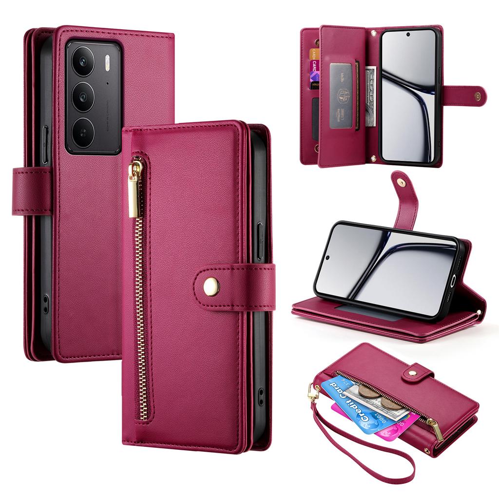 DF-011 For Realme V60 Pro 5G/C75 4G Case Zipper Pocket Wallet Leather Phone Cover with Straps