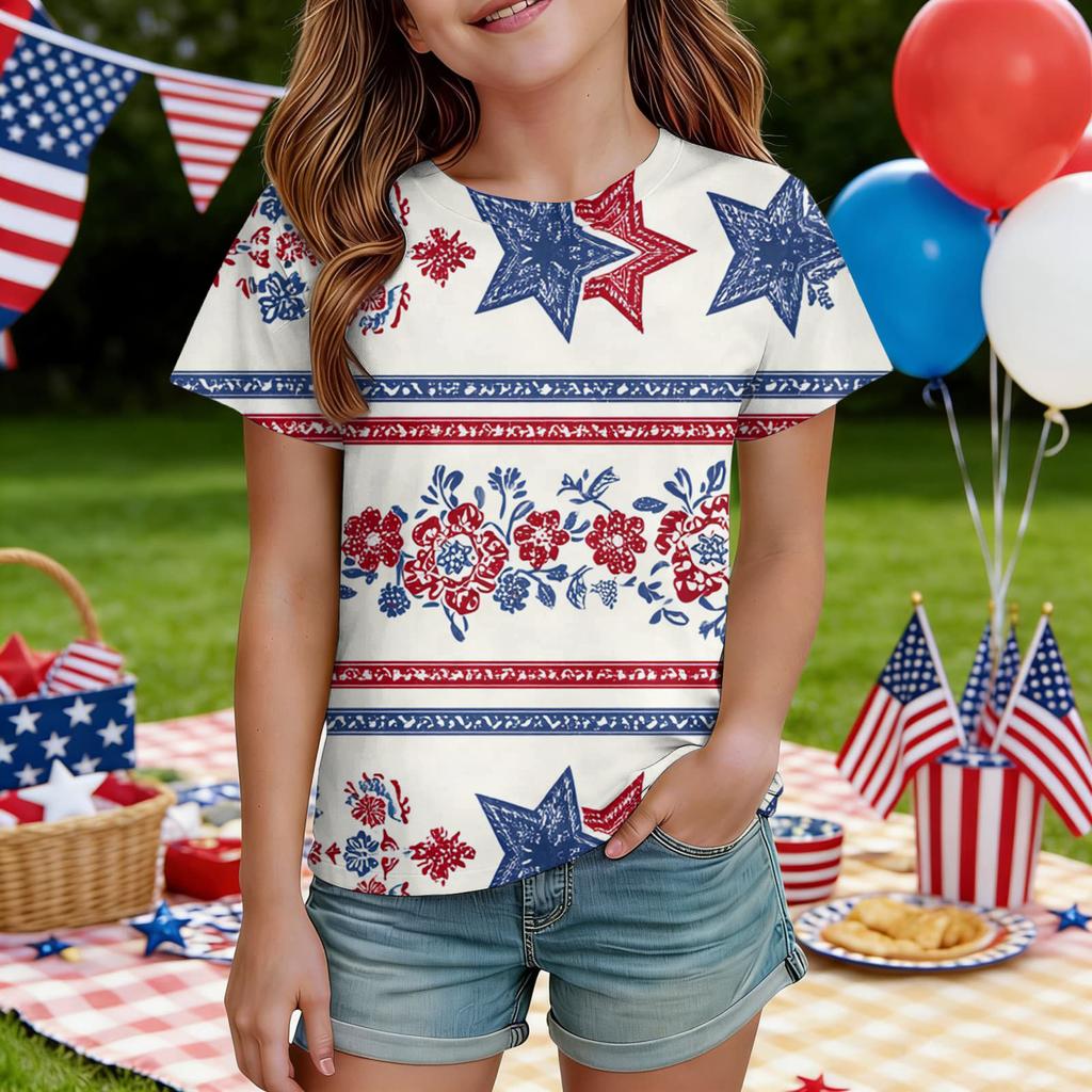 Kids Independence Day Print Round Neck Short Sleeve Casual T-shirt