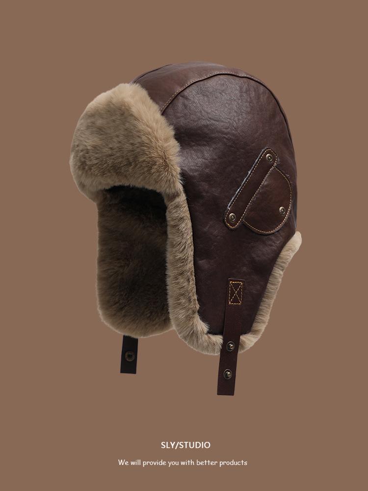 Hat women's fashion leather Lei Feng hat winter cotton cold warm Internet celebrity street plush ear hat men