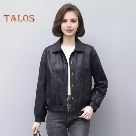 Women Jacket Faux Leather Smooth Surface Turn-down Collar Single-breasted Long Sleeves Pockets Retro Motorcycle Coat Office Commuting Travel Outerwear