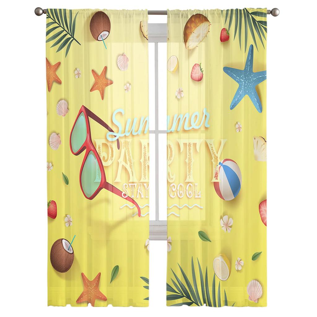 Beach Starfish Shells Leaves Palm Curtains Living Room Bedroom Decor Chiffon Tulle Voile Kitchen Window Curtain Sheer Made Of Polyester Treatment