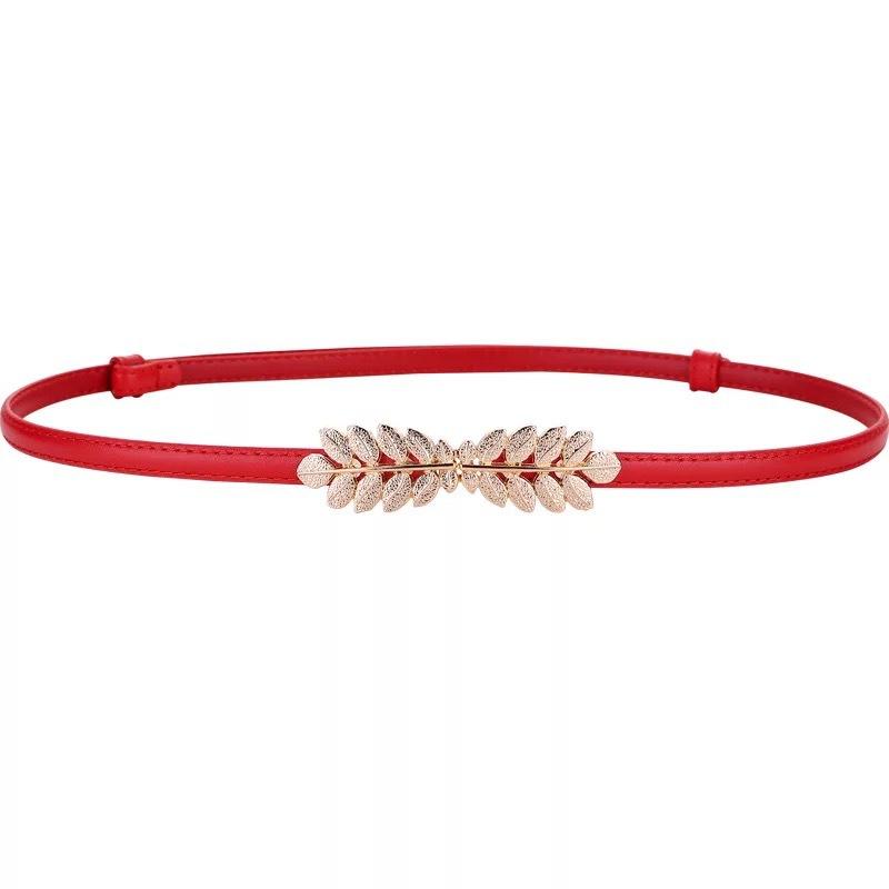 

Top-grain leather slim waist belt with leaf buckle detail, trendy skinny belt for dresses, red 80-100cm красный