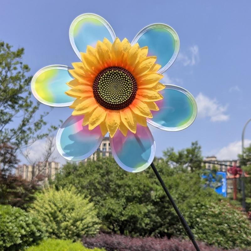 1 Piece Colorful Film Illusionary Flame Color Changing Sunflower Windmill Double-Layer Wind Spinner Kids Toys Garden Decor