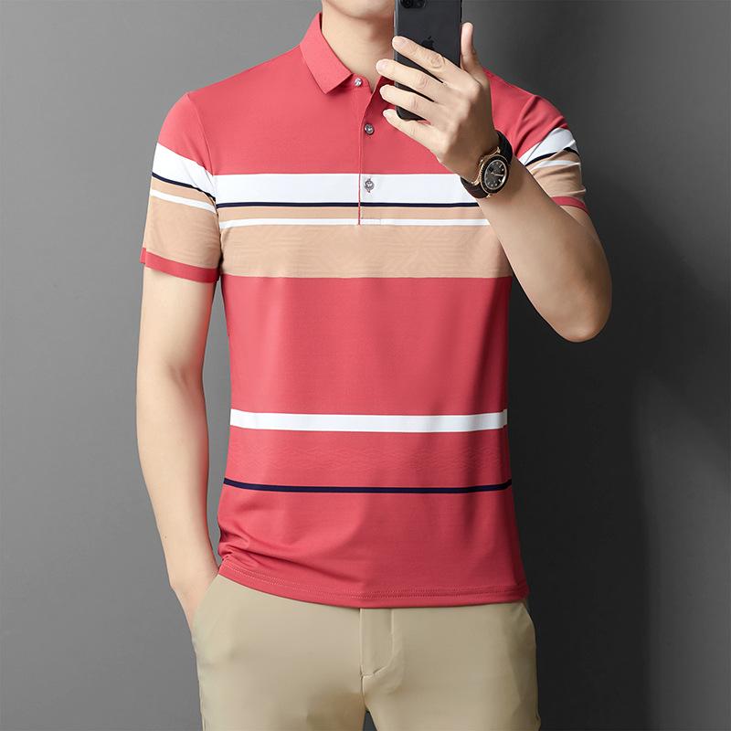 Papa Kurzarm Reine Baumwolle Kontrastfarbe Maschinenwaschbar Gestreift Lässig Herren T-Shirt Revers Locker Poloshirt