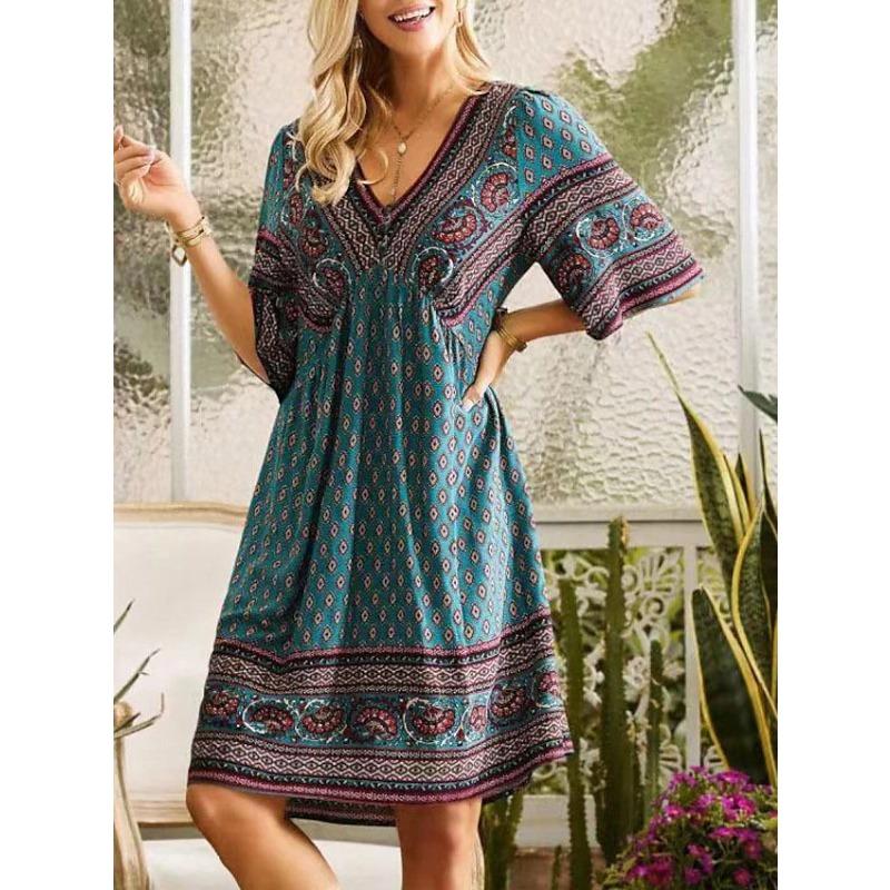 Women's Dress Summer Fashion New A Line Loose Casual Vacation Ethnic Style Women's Short Dress Elegant V Neck Short Sleeve Vintage Ladies Dresses New