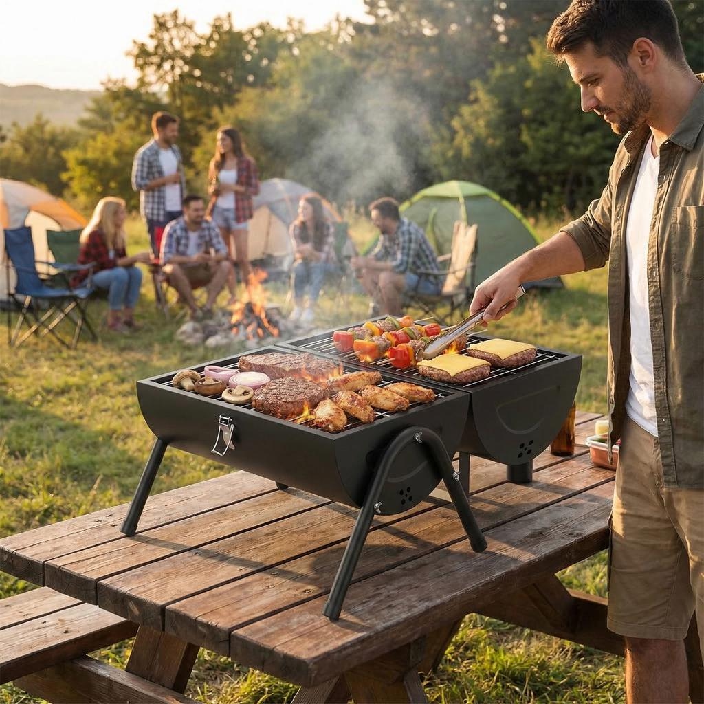 Portable Charcoal Grill, Double-Sided Tabletop Small BBQ Grill Barbecue Smoker