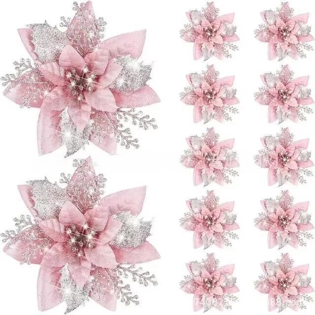 5/10 stk 14,5 cm glitrende julepynt glitter kunstig blomst dører vinduer juletre dekor for 2025 nyttår