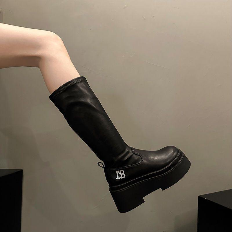 Sense Hohe Ritterstiefel Dicksohlige Trendstiefel Design Enge Stiefel Damen Enge Stiefel Vielseitige Elastische Stiefel