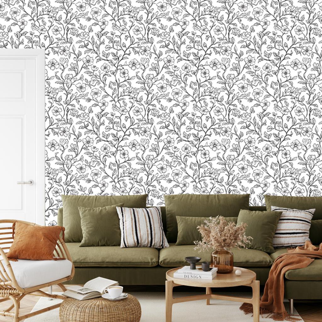 Wallpaper Black and White Flowers Light Gray and White 50x1000