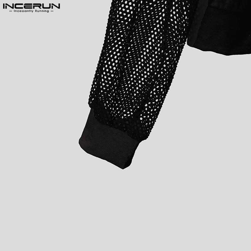 INCERUN Sexy Men Mesh Patchwork Long Sleeved Hollow Out Short T-shirts Tops